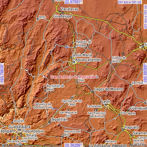 Topographic map of San Antonio de Peñuelas