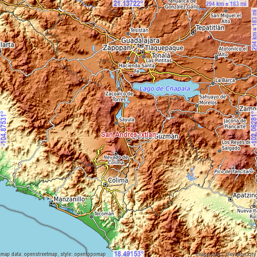 Topographic map of San Andrés Ixtlán