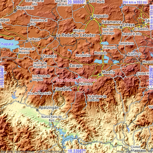 Topographic map of San Andrés Ziróndaro