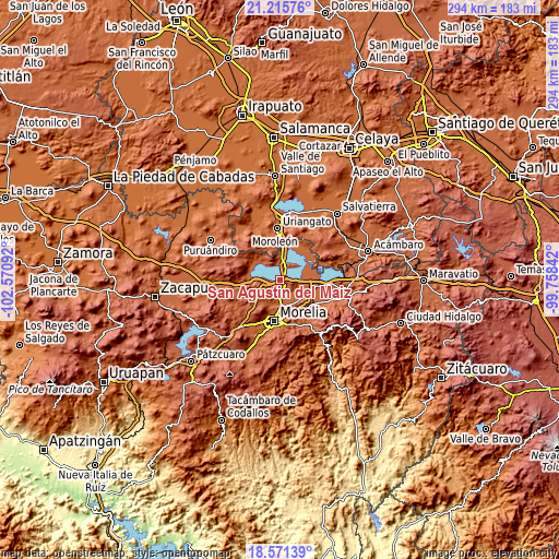 Topographic map of San Agustín del Maíz