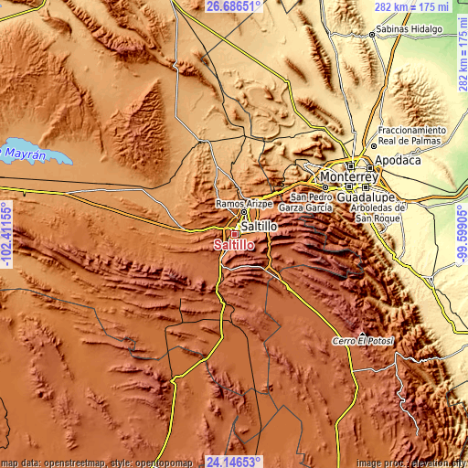 Topographic map of Saltillo