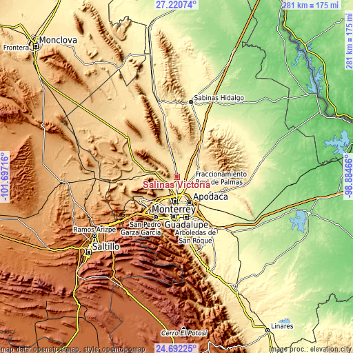 Topographic map of Salinas Victoria