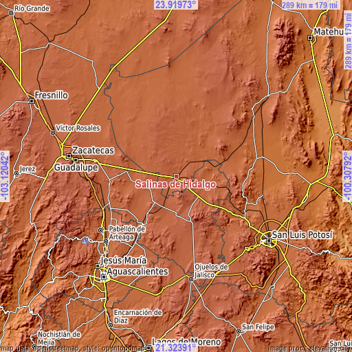 Topographic map of Salinas de Hidalgo