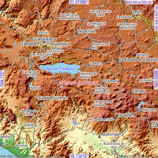 Topographic map of Sahuayo de Morelos