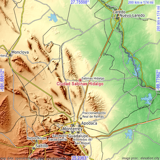 Topographic map of Ciudad Sabinas Hidalgo