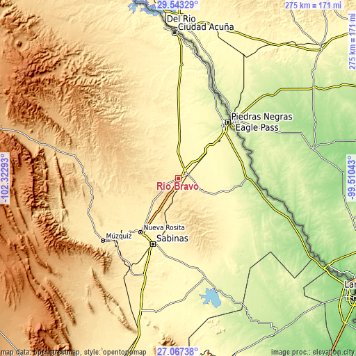 Topographic map of Río Bravo