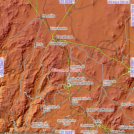 Topographic map of Rincón de Romos