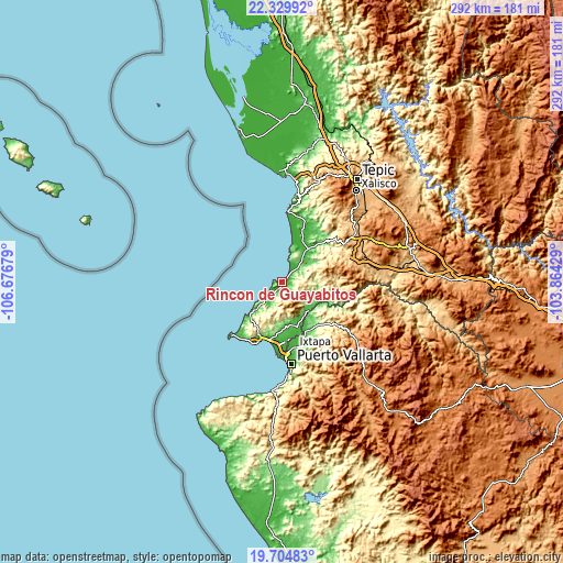 Topographic map of Rincón de Guayabitos