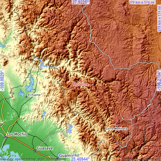 Topographic map of Morelos