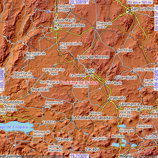 Topographic map of Purísima de Bustos