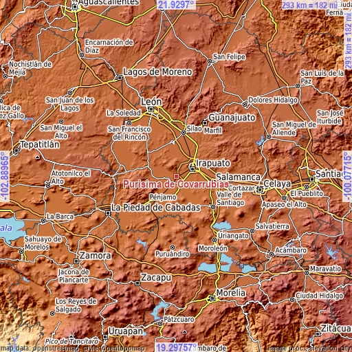 Topographic map of Purísima de Covarrubias