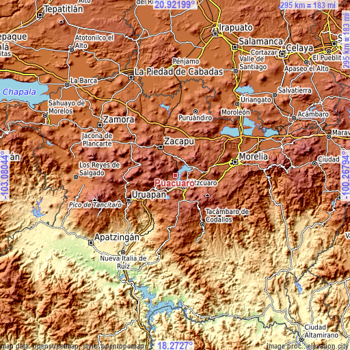 Topographic map of Puácuaro