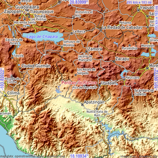 Topographic map of Peribán de Ramos