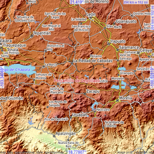 Topographic map of Penjamillo de Degollado