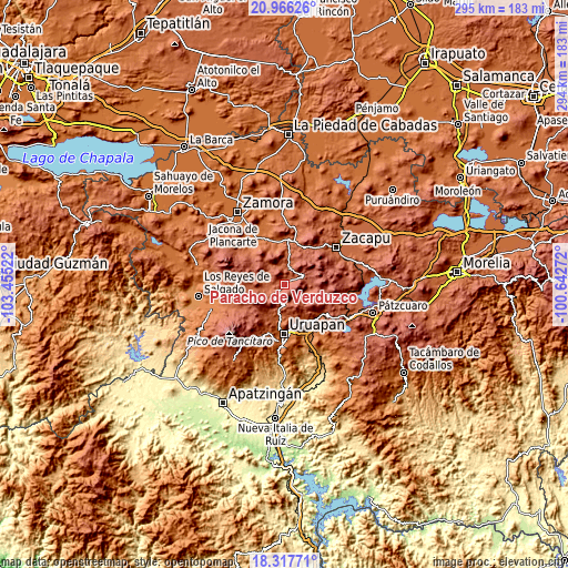 Topographic map of Paracho de Verduzco
