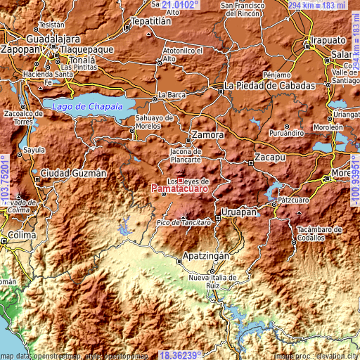 Topographic map of Pamatácuaro