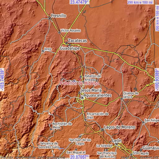 Topographic map of Pabellón de Hidalgo