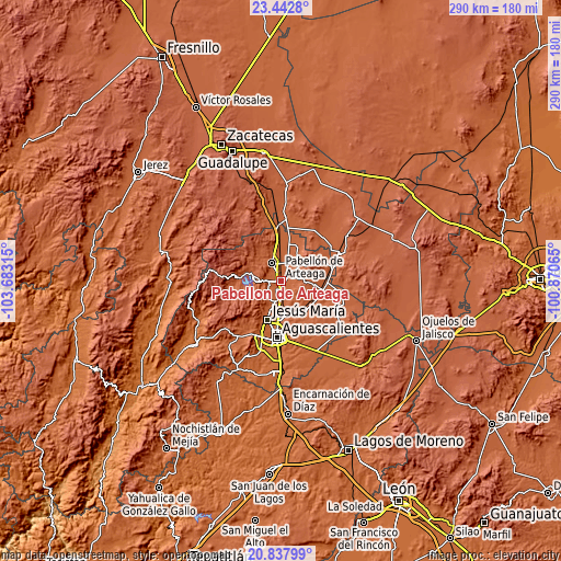 Topographic map of Pabellón de Arteaga