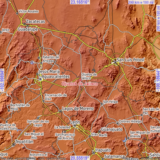 Topographic map of Ojuelos de Jalisco