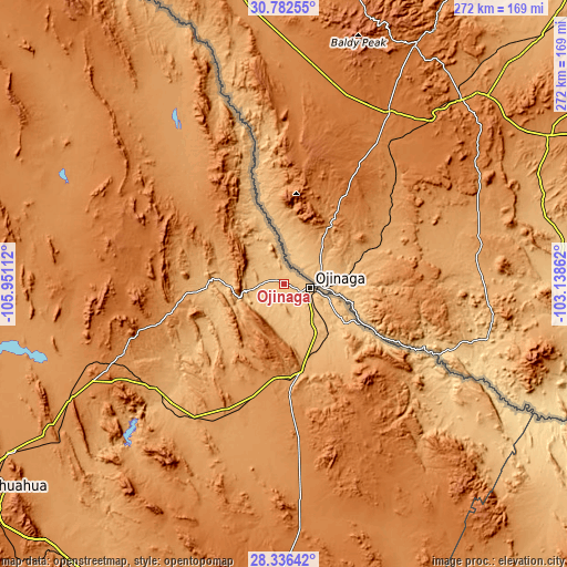 Topographic map of Ojinaga