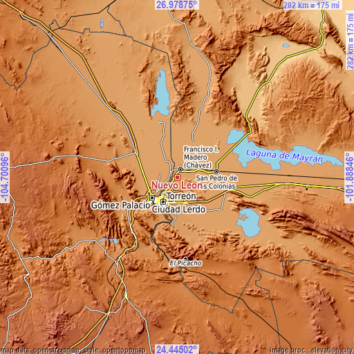 Topographic map of Nuevo León