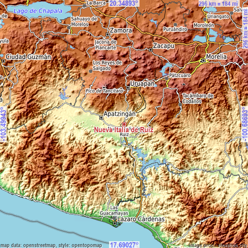 Topographic map of Nueva Italia de Ruiz