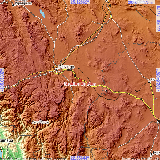 Topographic map of Nombre de Dios