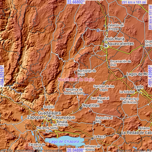 Topographic map of Nochistlán de Mejía