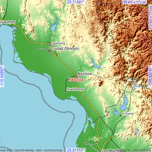 Topographic map of Navojoa