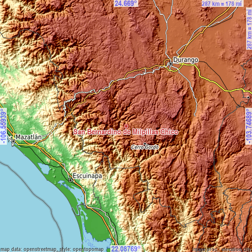 Topographic map of San Bernardino de Milpillas Chico