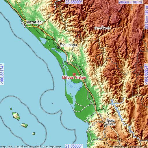 Topographic map of Milpas Viejas