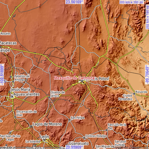Topographic map of Mexquitic de Carmona