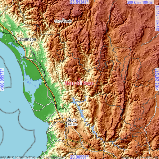 Topographic map of Mesa del Nayar