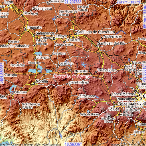 Topographic map of Maravatío de Ocampo