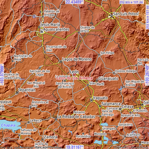 Topographic map of León de los Aldama