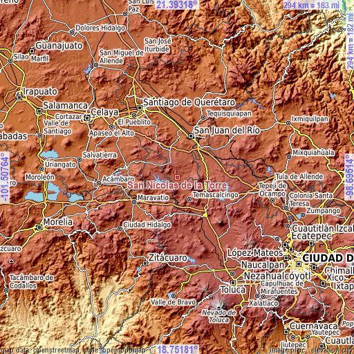 Topographic map of San Nicolás de la Torre