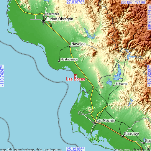 Topographic map of Las Bocas