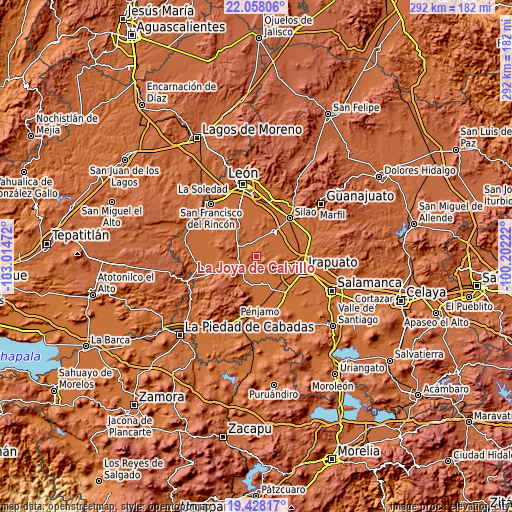 Topographic map of La Joya de Calvillo