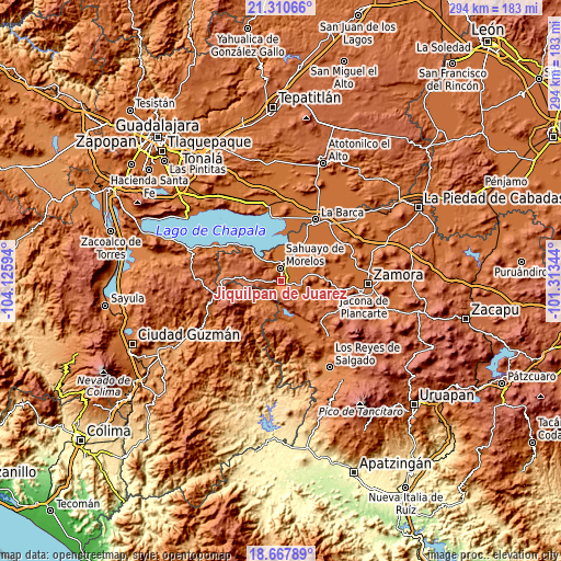 Topographic map of Jiquílpan de Juárez