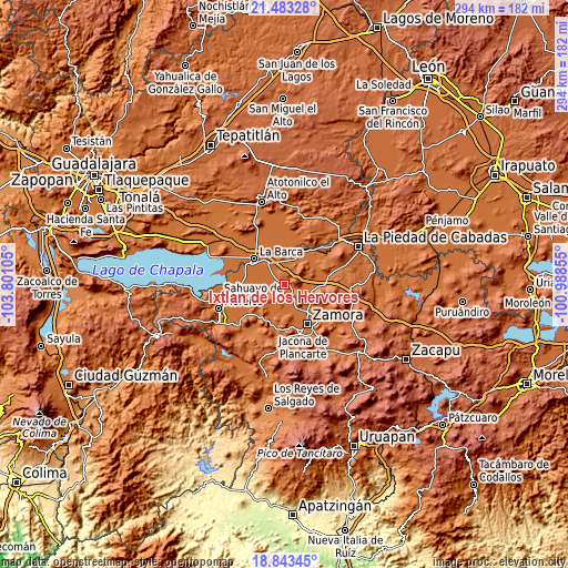 Topographic map of Ixtlán de los Hervores