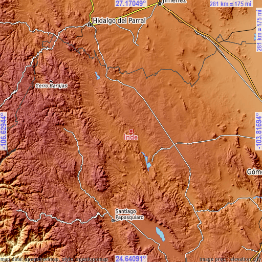 Topographic map of Indé