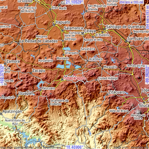 Topographic map of Indaparapeo