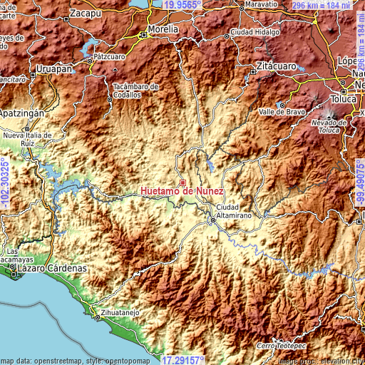 Topographic map of Huetamo de Núñez