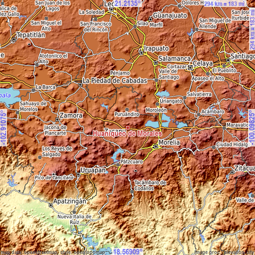 Topographic map of Huaniqueo de Morales