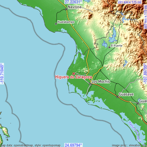 Topographic map of Higuera de Zaragoza