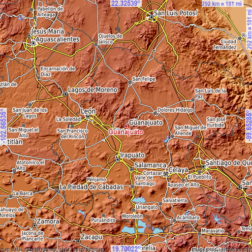 Topographic map of Guanajuato
