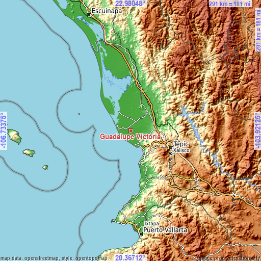 Topographic map of Guadalupe Victoria