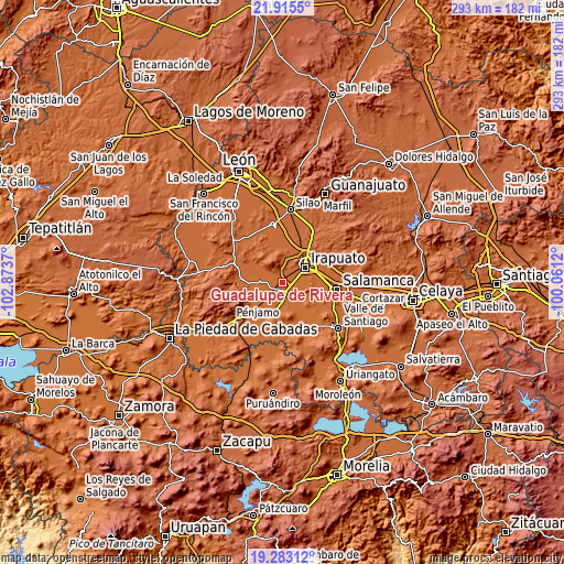 Topographic map of Guadalupe de Rivera