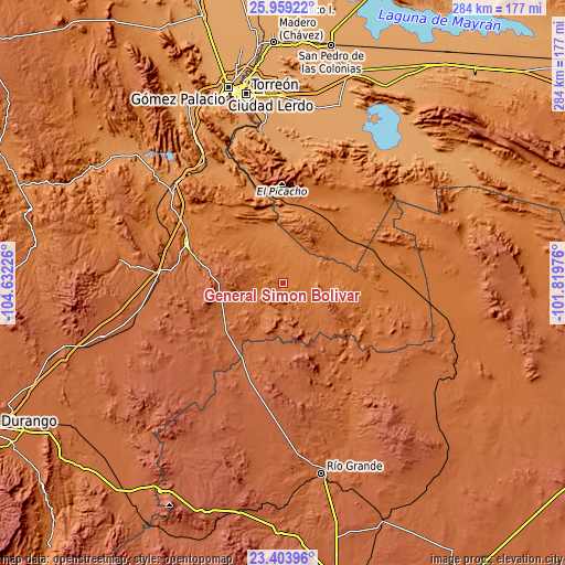 Topographic map of General Simón Bolívar