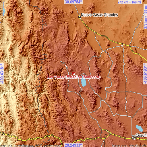 Topographic map of Las Varas (Estación Babícora)